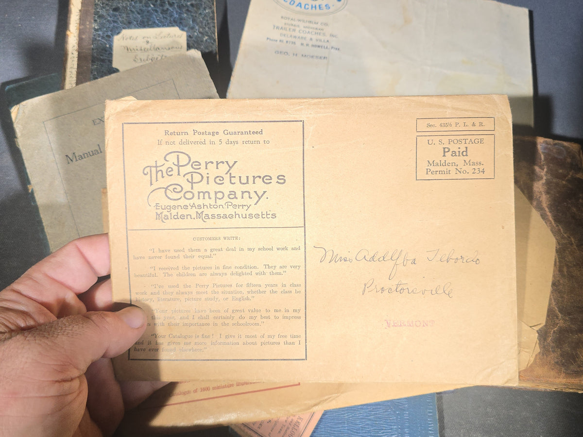 Grouping of Antique and Vintage Ephemera including "Extracts from Manual for Army Cooks" 1917, Burlington Sentinel Newspapers, Handwritten Theological Lecture Notebooks, Kiggins & Kellogg Miniature Books, and Latin Commentarius