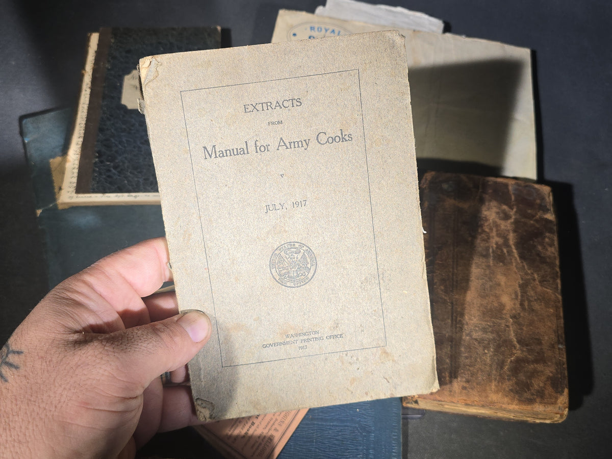 Grouping of Antique and Vintage Ephemera including "Extracts from Manual for Army Cooks" 1917, Burlington Sentinel Newspapers, Handwritten Theological Lecture Notebooks, Kiggins & Kellogg Miniature Books, and Latin Commentarius