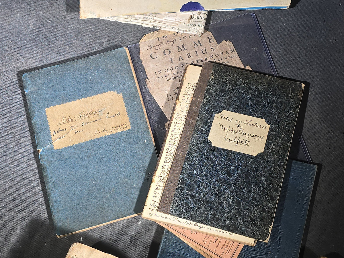 Grouping of Antique and Vintage Ephemera including "Extracts from Manual for Army Cooks" 1917, Burlington Sentinel Newspapers, Handwritten Theological Lecture Notebooks, Kiggins & Kellogg Miniature Books, and Latin Commentarius