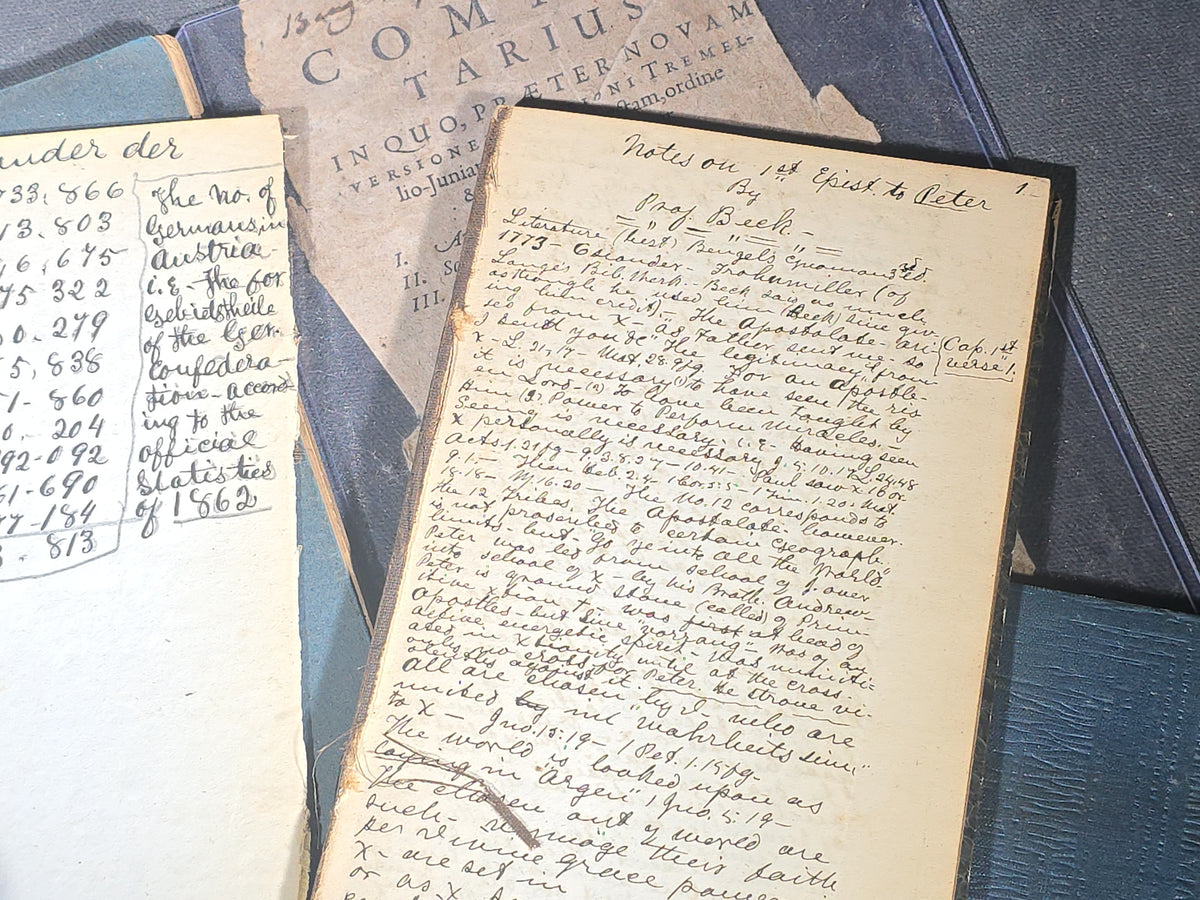 Grouping of Antique and Vintage Ephemera including "Extracts from Manual for Army Cooks" 1917, Burlington Sentinel Newspapers, Handwritten Theological Lecture Notebooks, Kiggins & Kellogg Miniature Books, and Latin Commentarius