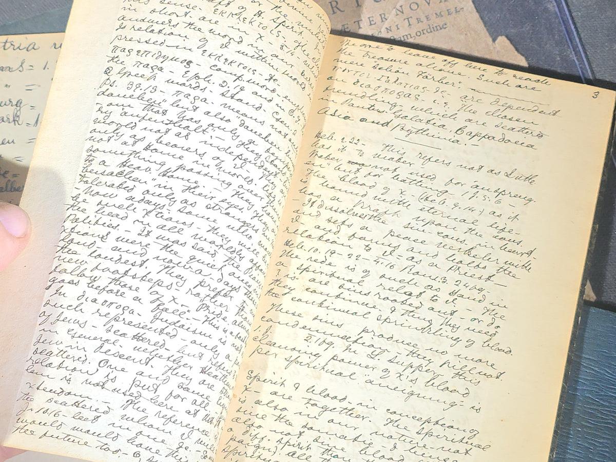 Grouping of Antique and Vintage Ephemera including "Extracts from Manual for Army Cooks" 1917, Burlington Sentinel Newspapers, Handwritten Theological Lecture Notebooks, Kiggins & Kellogg Miniature Books, and Latin Commentarius