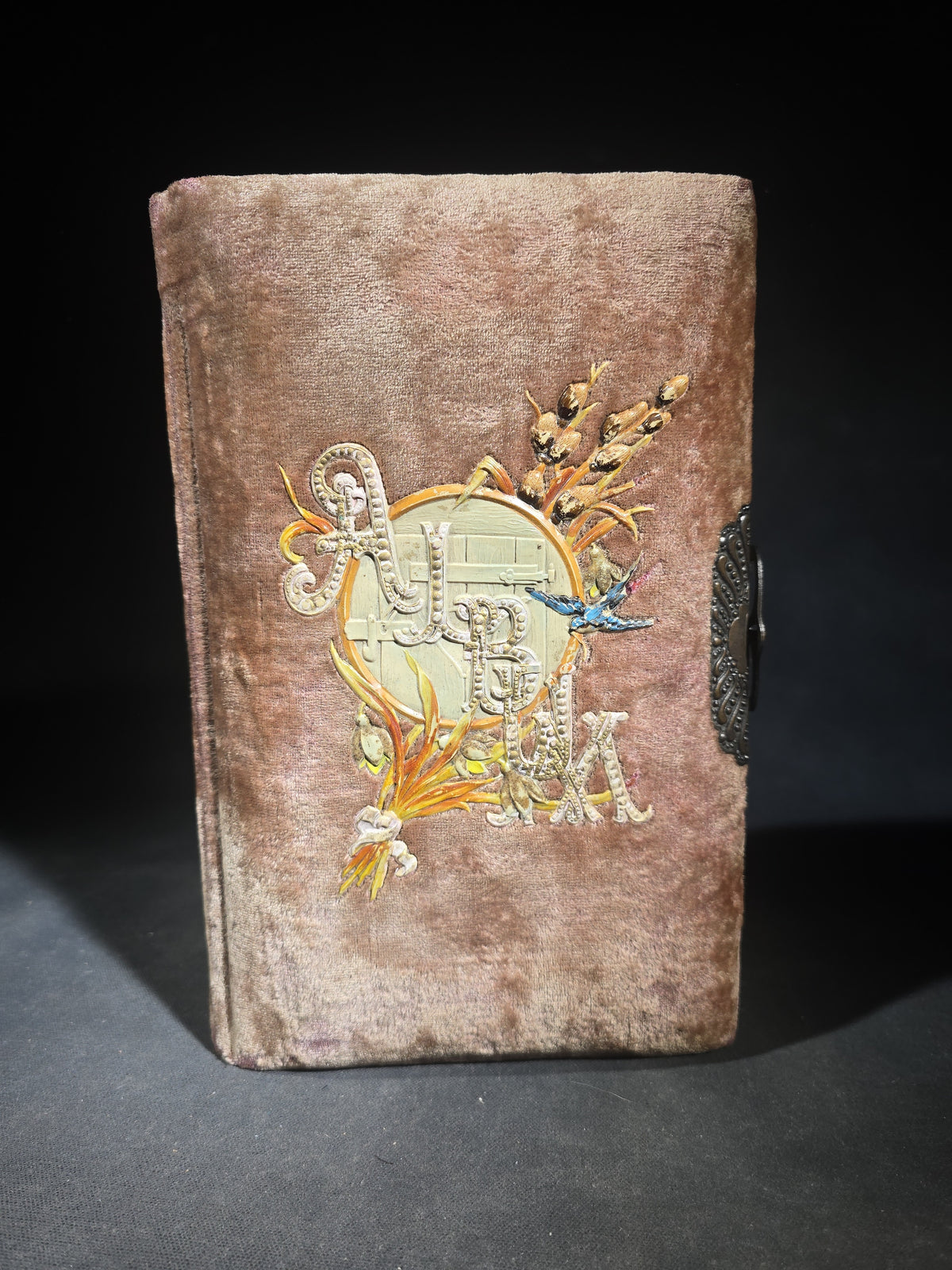Antique Victorian Velvet-Covered Cabinet Card and Carte de Visite C.D.V. Photo Album with Celluloid Cover Decorations, Containing Portrait Photographs and Funeral Memorial Cards including Adelia Woodward, 1894