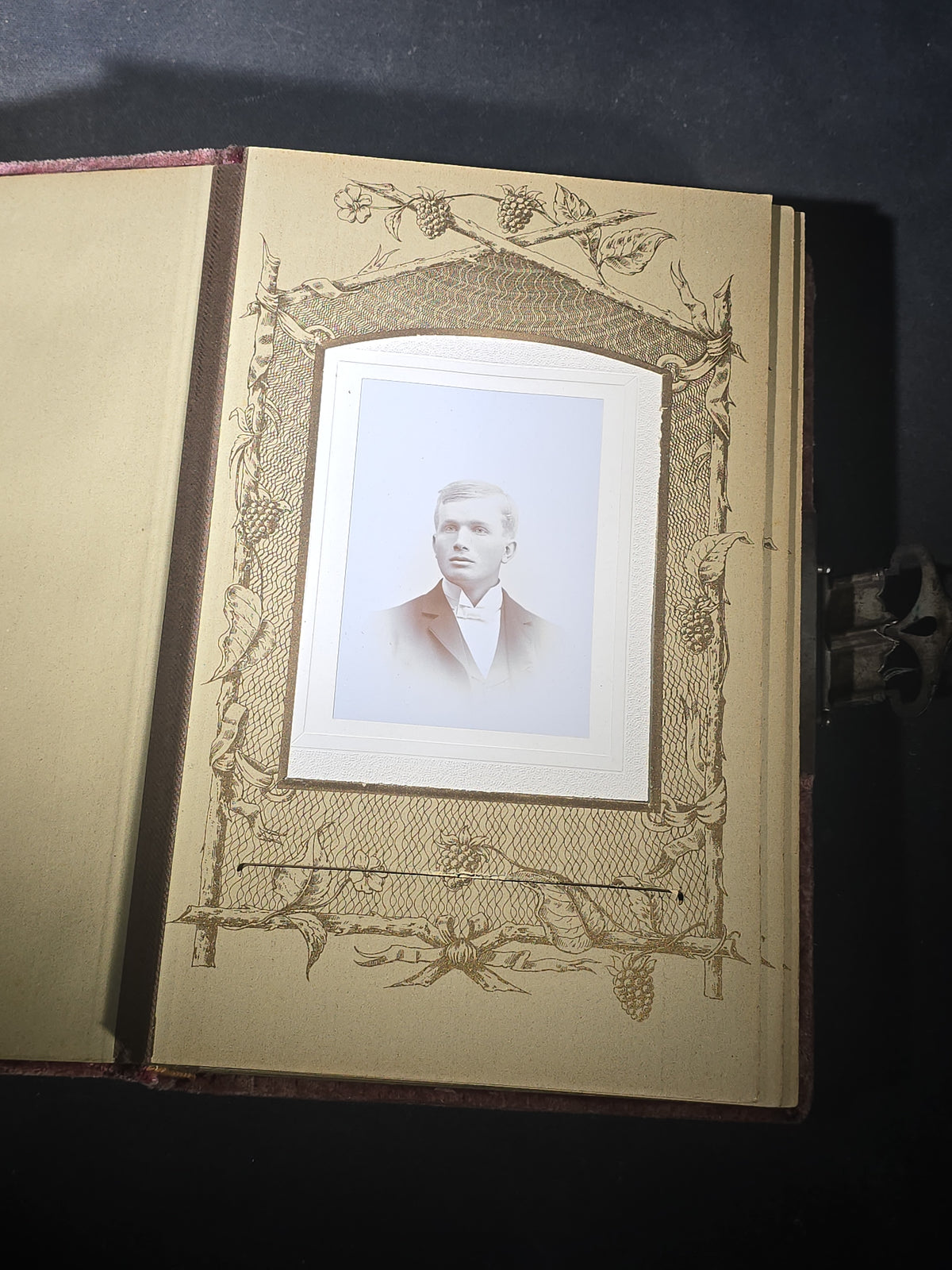 Antique Victorian Velvet-Covered Cabinet Card and Carte de Visite C.D.V. Photo Album with Celluloid Cover Decorations, Containing Portrait Photographs and Funeral Memorial Cards including Adelia Woodward, 1894