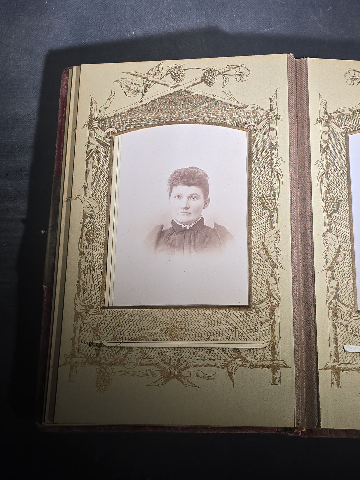 Antique Victorian Velvet-Covered Cabinet Card and Carte de Visite C.D.V. Photo Album with Celluloid Cover Decorations, Containing Portrait Photographs and Funeral Memorial Cards including Adelia Woodward, 1894