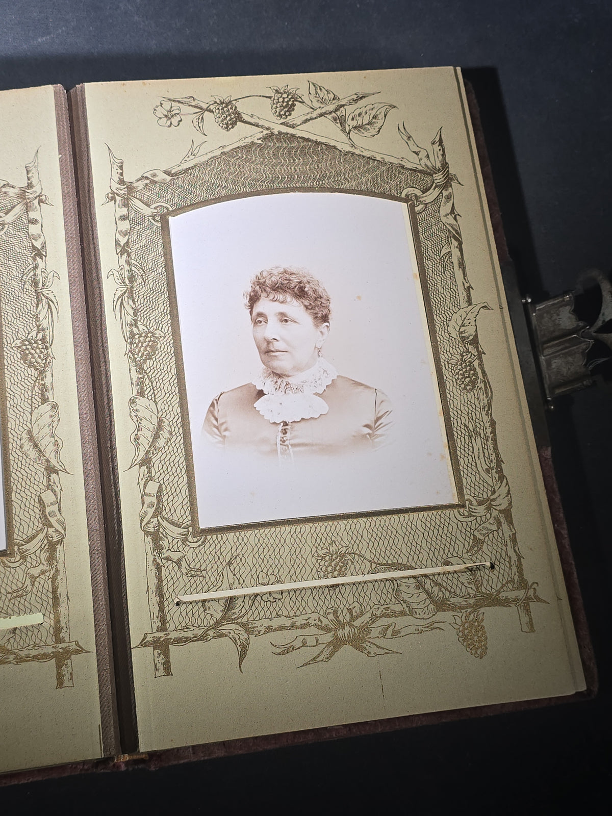 Antique Victorian Velvet-Covered Cabinet Card and Carte de Visite C.D.V. Photo Album with Celluloid Cover Decorations, Containing Portrait Photographs and Funeral Memorial Cards including Adelia Woodward, 1894
