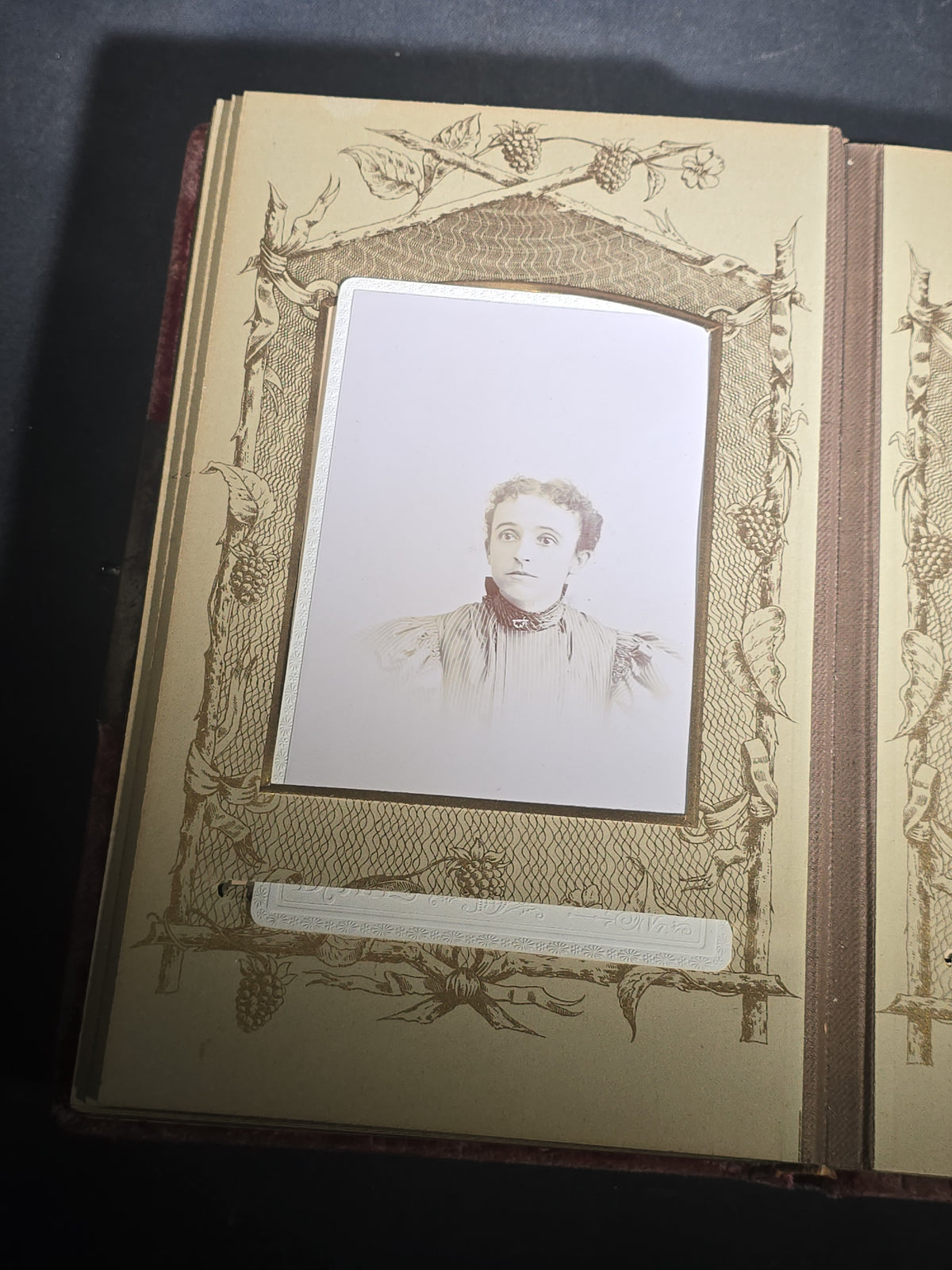 Antique Victorian Velvet-Covered Cabinet Card and Carte de Visite C.D.V. Photo Album with Celluloid Cover Decorations, Containing Portrait Photographs and Funeral Memorial Cards including Adelia Woodward, 1894