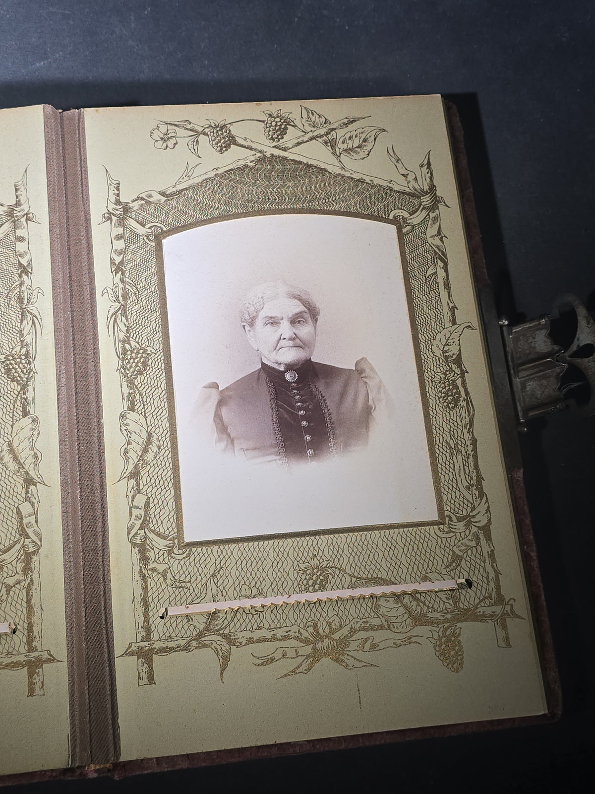 Antique Victorian Velvet-Covered Cabinet Card and Carte de Visite C.D.V. Photo Album with Celluloid Cover Decorations, Containing Portrait Photographs and Funeral Memorial Cards including Adelia Woodward, 1894