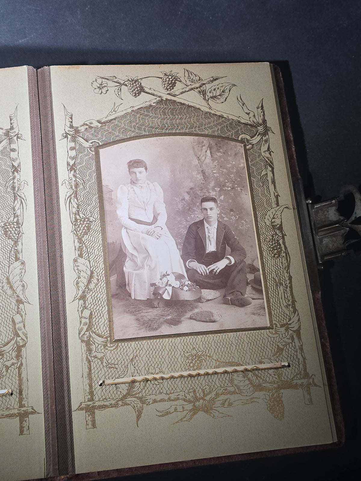 Antique Victorian Velvet-Covered Cabinet Card and Carte de Visite C.D.V. Photo Album with Celluloid Cover Decorations, Containing Portrait Photographs and Funeral Memorial Cards including Adelia Woodward, 1894