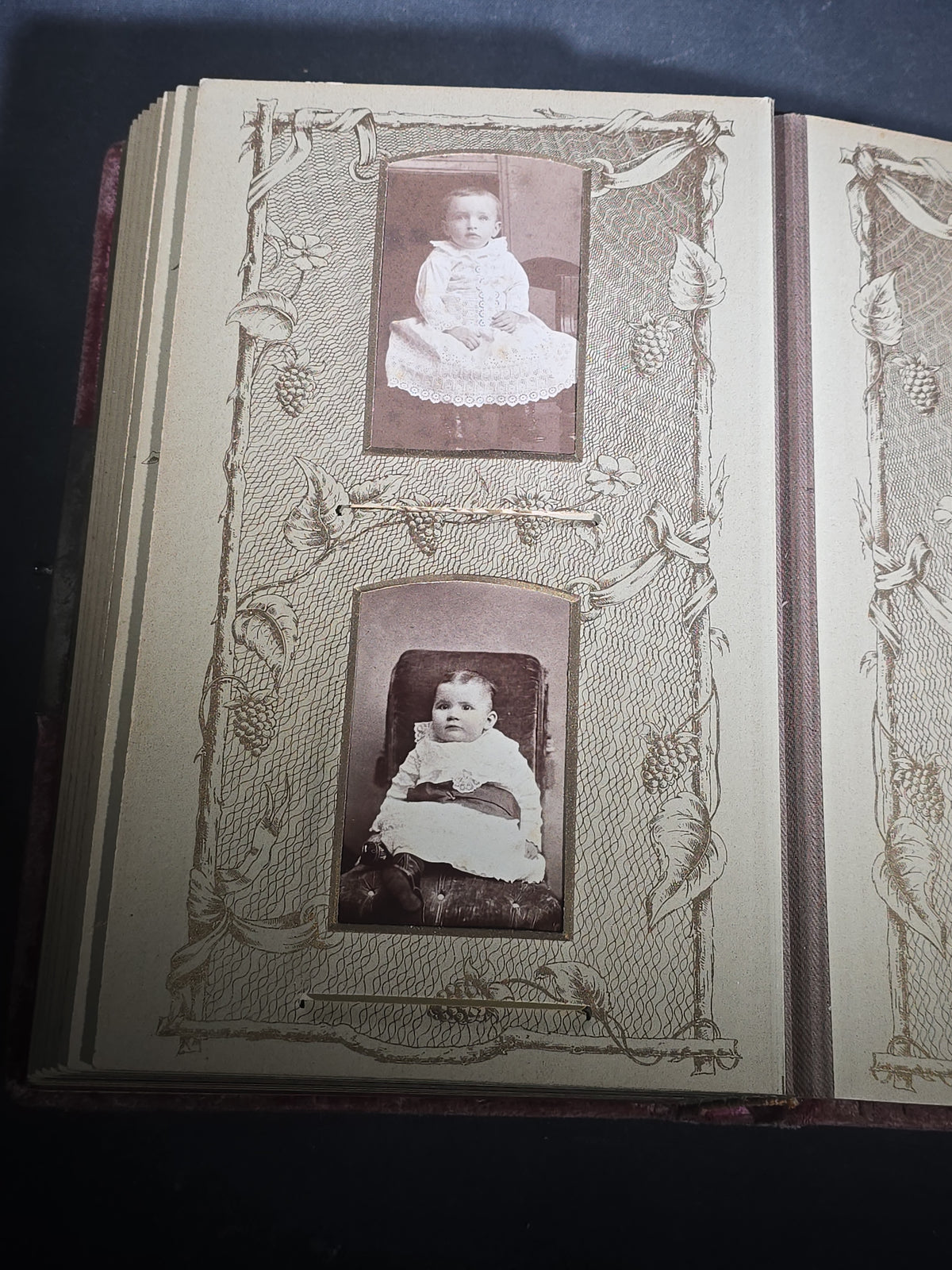 Antique Victorian Velvet-Covered Cabinet Card and Carte de Visite C.D.V. Photo Album with Celluloid Cover Decorations, Containing Portrait Photographs and Funeral Memorial Cards including Adelia Woodward, 1894