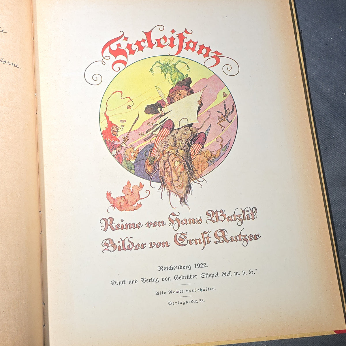 Grouping of Six Antique and Vintage German Illustrated Children's Books including "Firlefanz" ("Tomfoolery") by Hans Watzlik and Ernst Kutzer 1922, "Hans Huckebein, der Ungluecksrabe" by W. Busch, and "Die Reise in's Schlaraffenland"