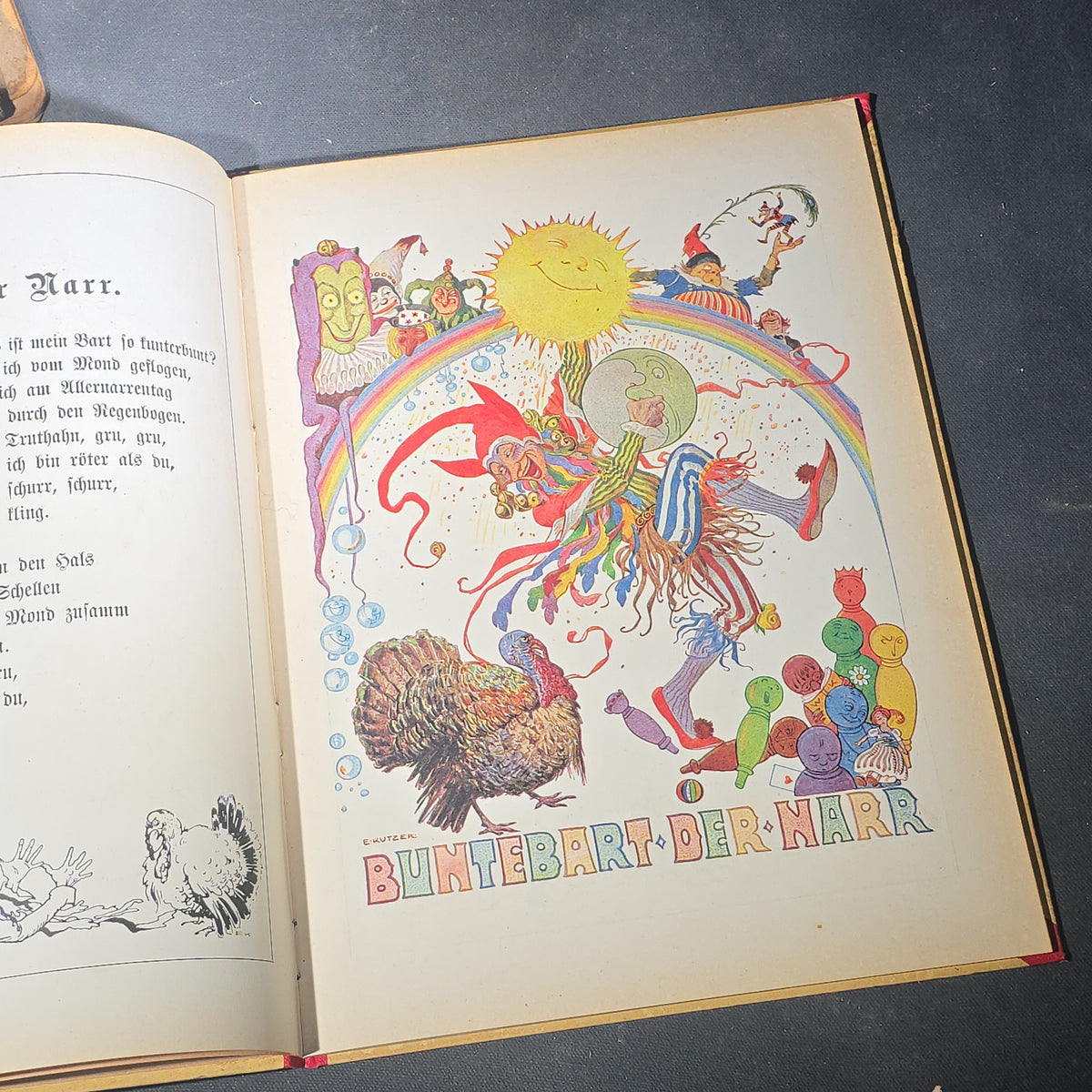 Grouping of Six Antique and Vintage German Illustrated Children's Books including "Firlefanz" ("Tomfoolery") by Hans Watzlik and Ernst Kutzer 1922, "Hans Huckebein, der Ungluecksrabe" by W. Busch, and "Die Reise in's Schlaraffenland"