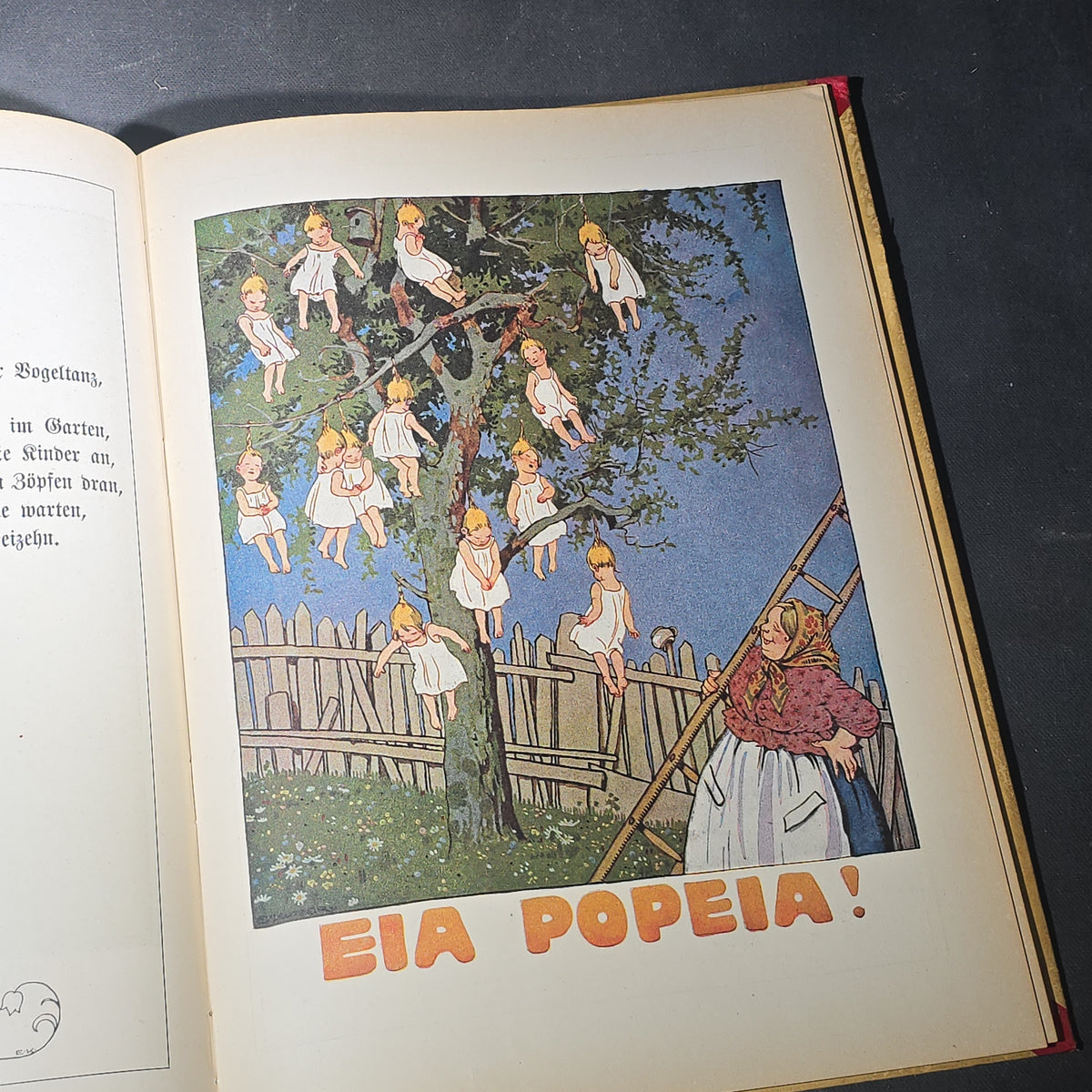 Grouping of Six Antique and Vintage German Illustrated Children's Books including "Firlefanz" ("Tomfoolery") by Hans Watzlik and Ernst Kutzer 1922, "Hans Huckebein, der Ungluecksrabe" by W. Busch, and "Die Reise in's Schlaraffenland"