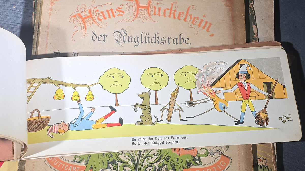 Grouping of Six Antique and Vintage German Illustrated Children's Books including "Firlefanz" ("Tomfoolery") by Hans Watzlik and Ernst Kutzer 1922, "Hans Huckebein, der Ungluecksrabe" by W. Busch, and "Die Reise in's Schlaraffenland"