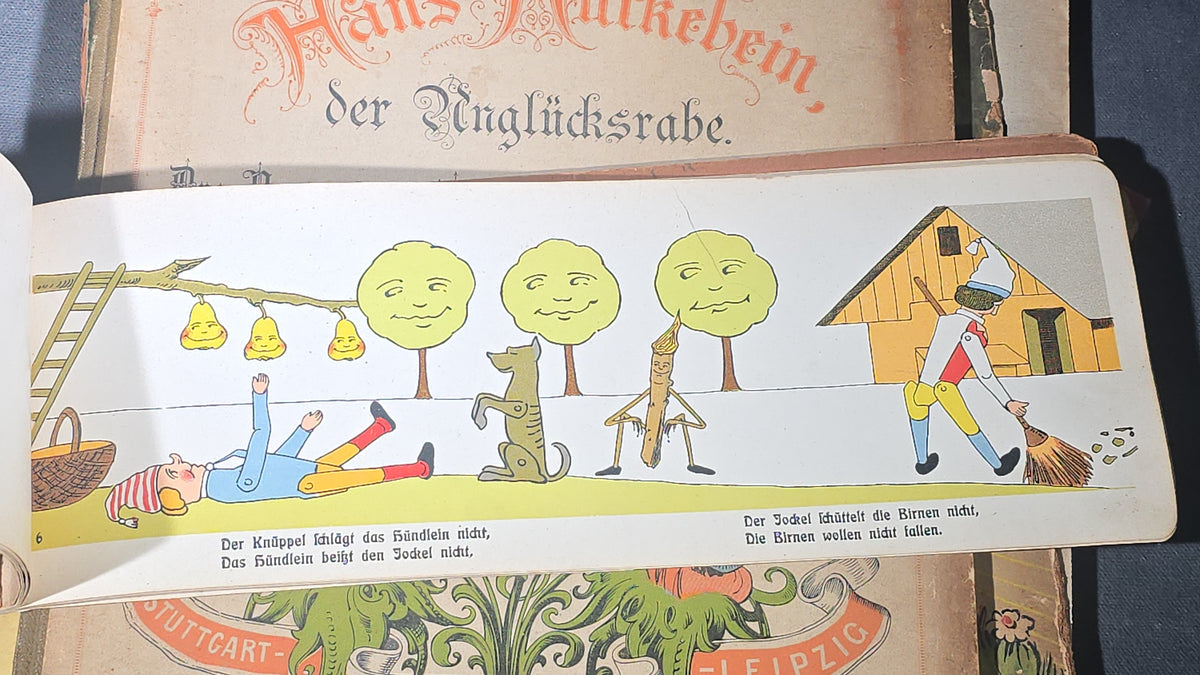 Grouping of Six Antique and Vintage German Illustrated Children's Books including "Firlefanz" ("Tomfoolery") by Hans Watzlik and Ernst Kutzer 1922, "Hans Huckebein, der Ungluecksrabe" by W. Busch, and "Die Reise in's Schlaraffenland"
