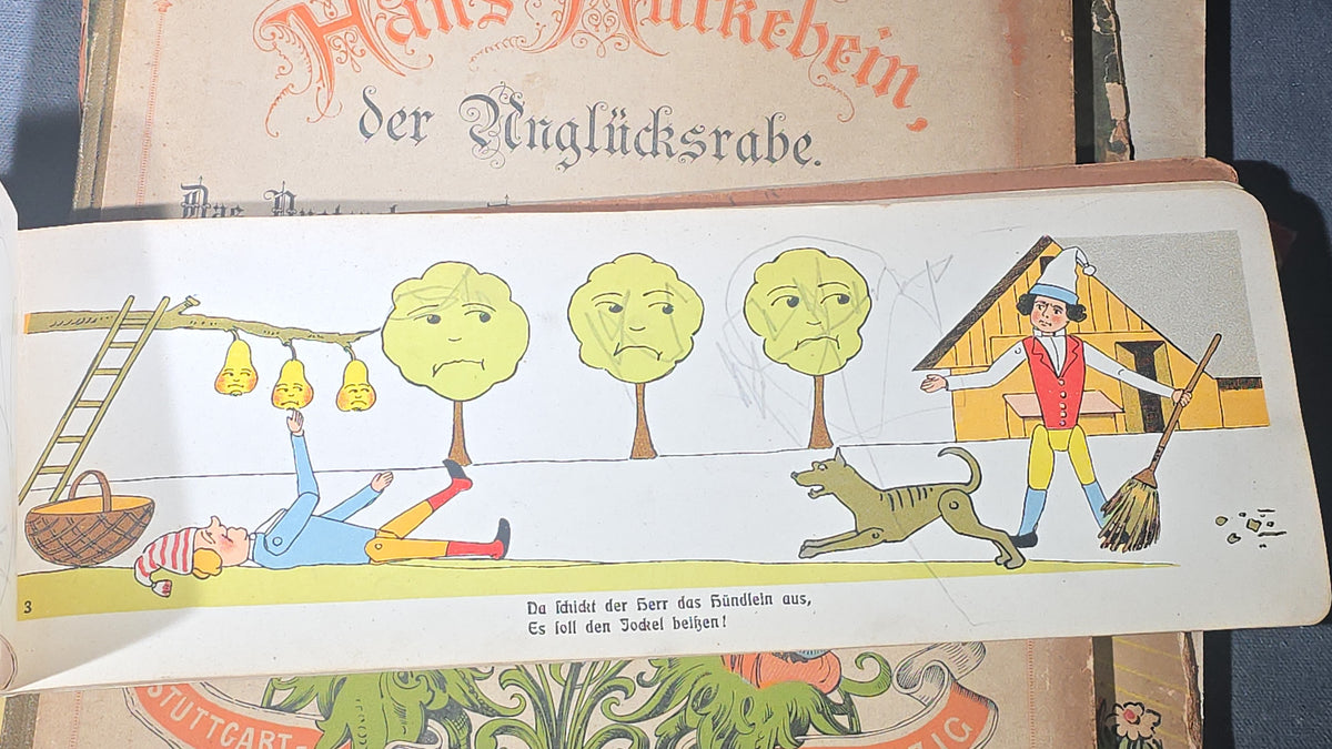 Grouping of Six Antique and Vintage German Illustrated Children's Books including "Firlefanz" ("Tomfoolery") by Hans Watzlik and Ernst Kutzer 1922, "Hans Huckebein, der Ungluecksrabe" by W. Busch, and "Die Reise in's Schlaraffenland"