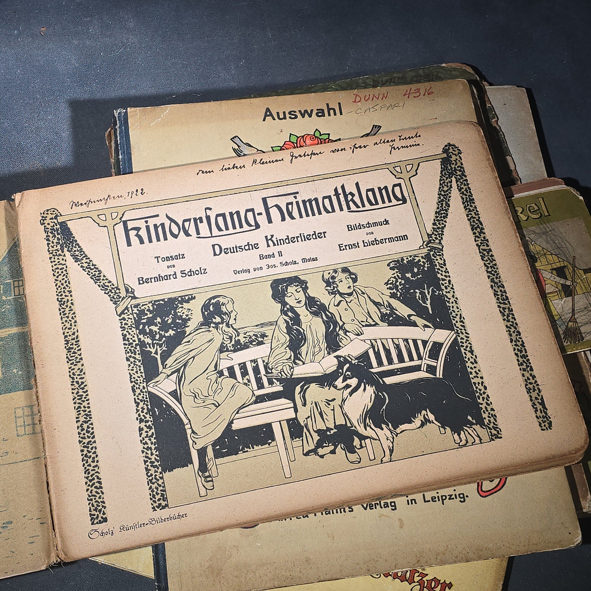 Grouping of Six Antique and Vintage German Illustrated Children's Books including "Firlefanz" ("Tomfoolery") by Hans Watzlik and Ernst Kutzer 1922, "Hans Huckebein, der Ungluecksrabe" by W. Busch, and "Die Reise in's Schlaraffenland"