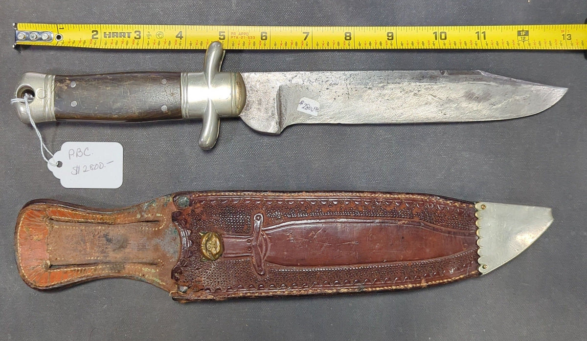 F. Wichelhaus Bowie Knife with Etched Blade, Tooled Leather Sheath with Brass Bulldog Head, Newark, New Jersey
