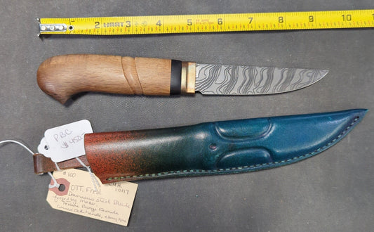 Fred Ott Nordic-Style Damascus Steel Knife, Carved Oak Handle, Bronze Ferrule, Ebony Spacer, Leather Sheath, New Knife from Maker