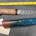 Lot 008 - Fred Ott Nordic-Style Damascus Steel Knife, Carved Oak Handle, Bronze Ferrule, Ebony Spacer, Leather Sheath, New Knife from Maker