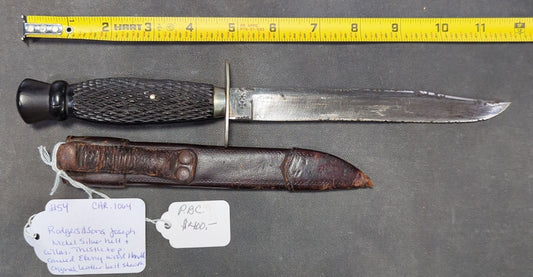 Joseph Rodgers & Sons Knife, Nickel Silver Hilt and Collar, Carved Ebony Wood Handle, with Leather Belt Sheath, Sheffield, England