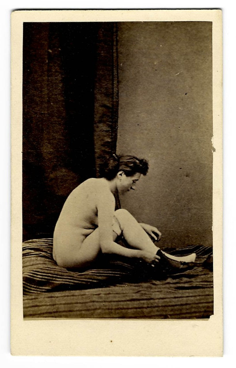 Antique Carte de Visite C.D.V. Nude Photograph of a Woman Seated on a Striped Mattress Putting on Shoes