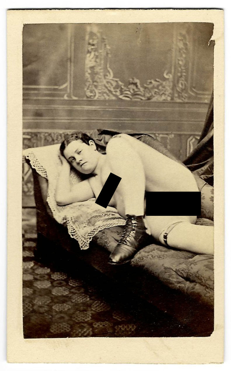 Antique Carte de Visite C.D.V. Nude Photograph of a Reclining Woman on a Chaise with Lace-Edged Pillow, Stockings, and Lace-Up Boots
