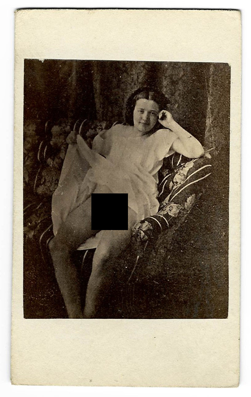 Antique Carte de Visite C.D.V. Nude Photograph of a Woman Reclining on a Settee with Sheer Drapery