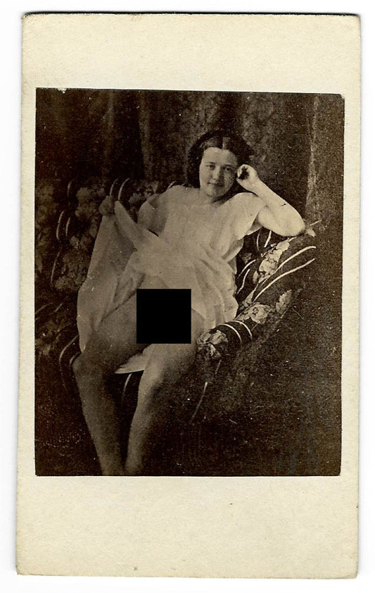 Antique Carte de Visite C.D.V. Nude Photograph of a Woman Reclining on a Settee with Sheer Drapery