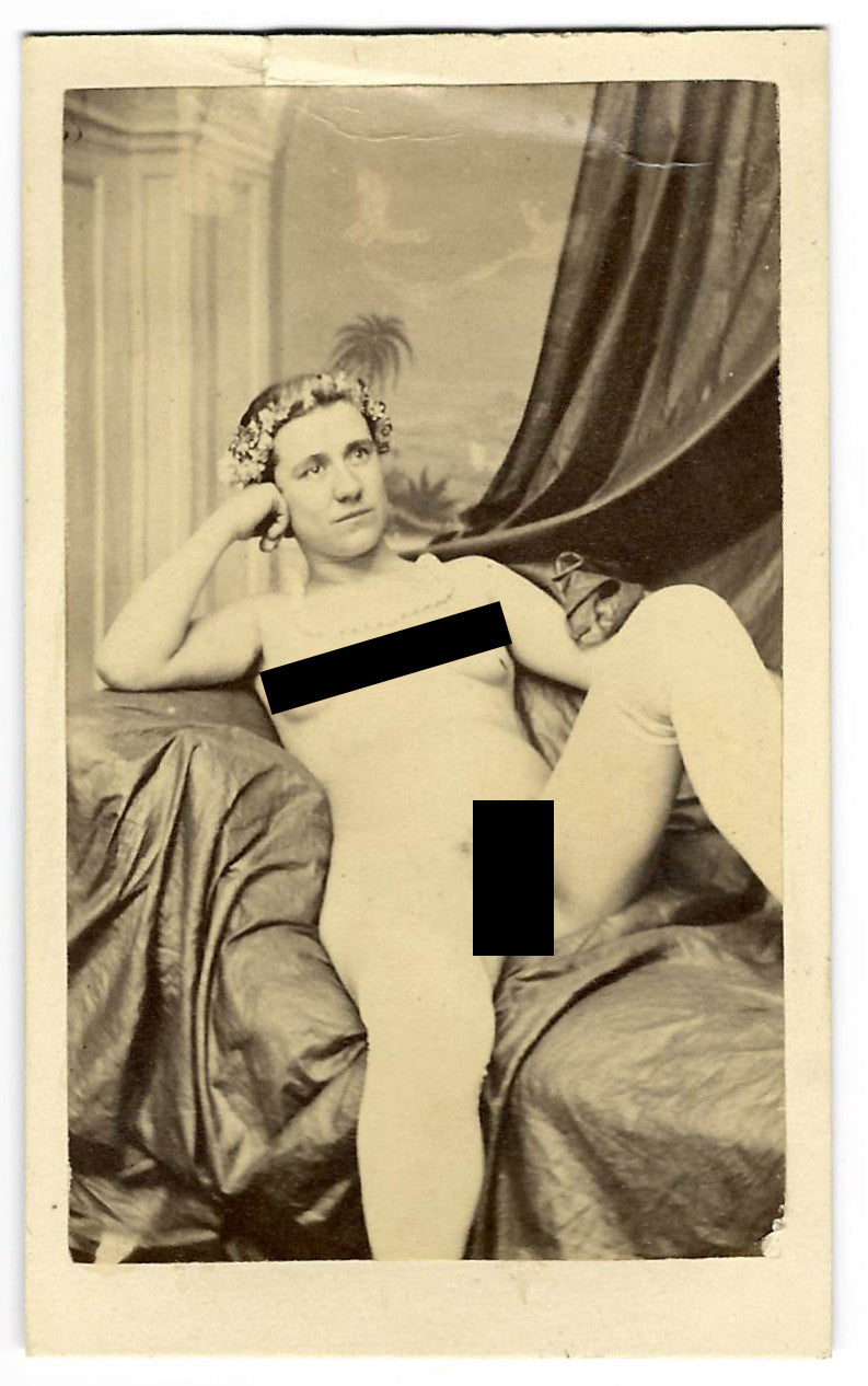 Antique Carte de Visite C.D.V. Nude Photograph of a Woman Reclining on a Draped Day Bed with Floral Hair Adornment