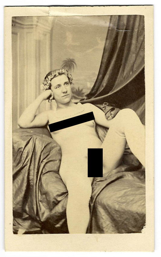 Antique Carte de Visite C.D.V. Nude Photograph of a Woman Reclining on a Draped Day Bed with Floral Hair Adornment