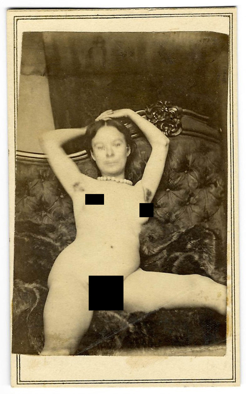 Antique Carte de Visite C.D.V. Nude Photograph of a Woman Reclining on a Tufted Sofa with Necklace, Photographed by L. Dubois & Cie, 68 Rue St. Martin, Paris