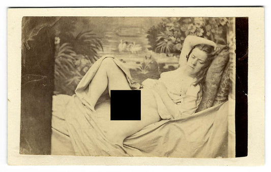 Antique Risque Carte de Visite C.D.V. Photograph of a Reclining Nude Woman on a Daybed with Painted Scenic Backdrop