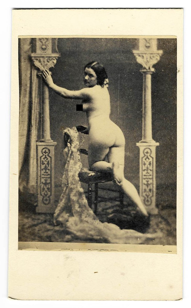 Antique Carte de Visite C.D.V. Nude Photograph of a Woman Kneeling on a Chair Between Ornamental Columns