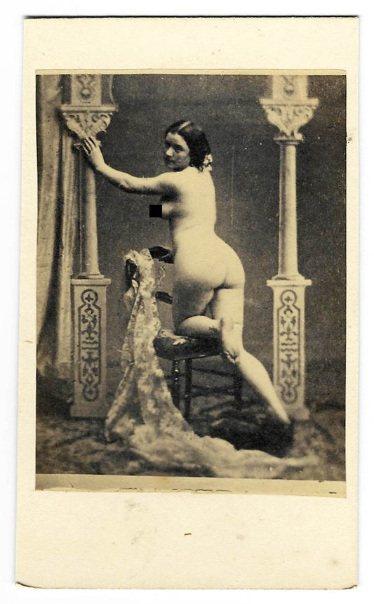 Antique Carte de Visite C.D.V. Nude Photograph of a Woman Kneeling on a Chair Between Ornamental Columns