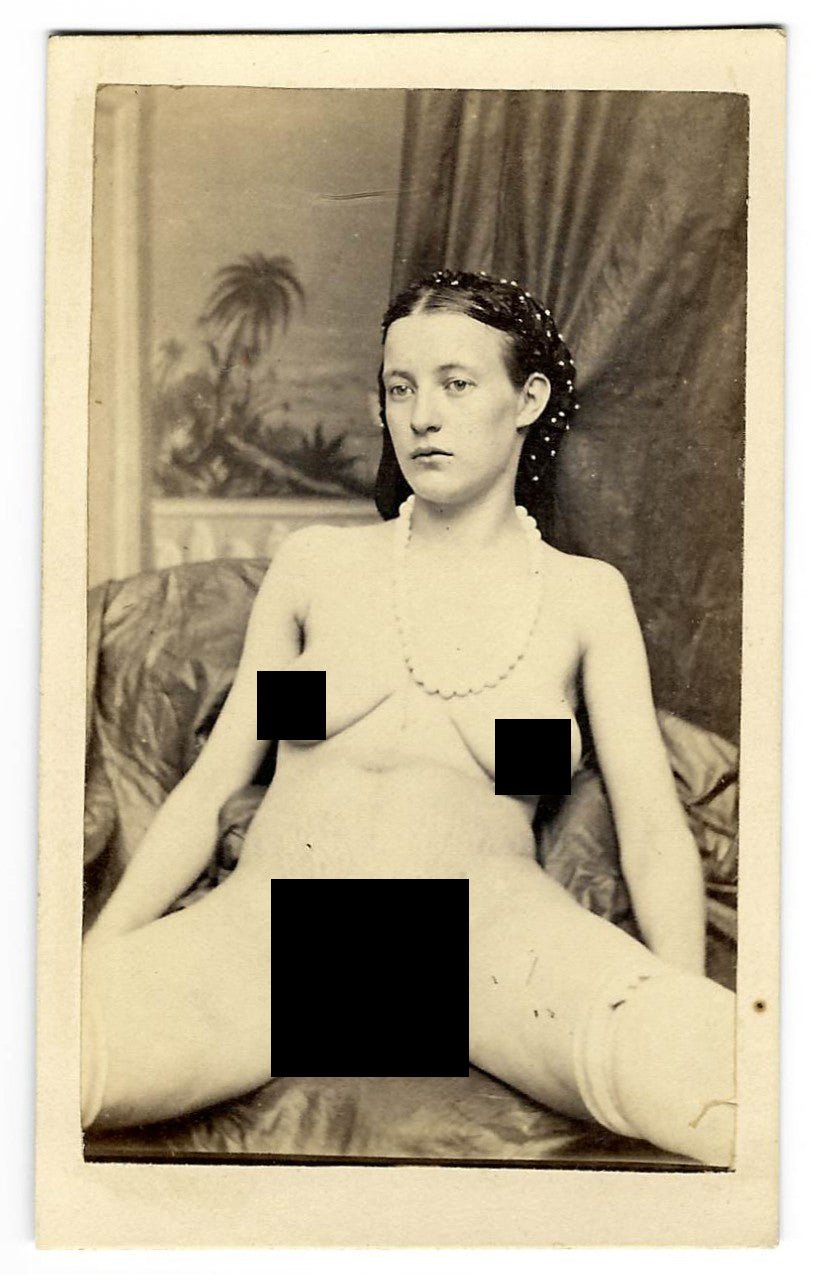 Antique Carte de Visite C.D.V. Nude Photograph of a Young Woman Seated on Cushions Wearing a Beaded Necklace and Hair Ornament