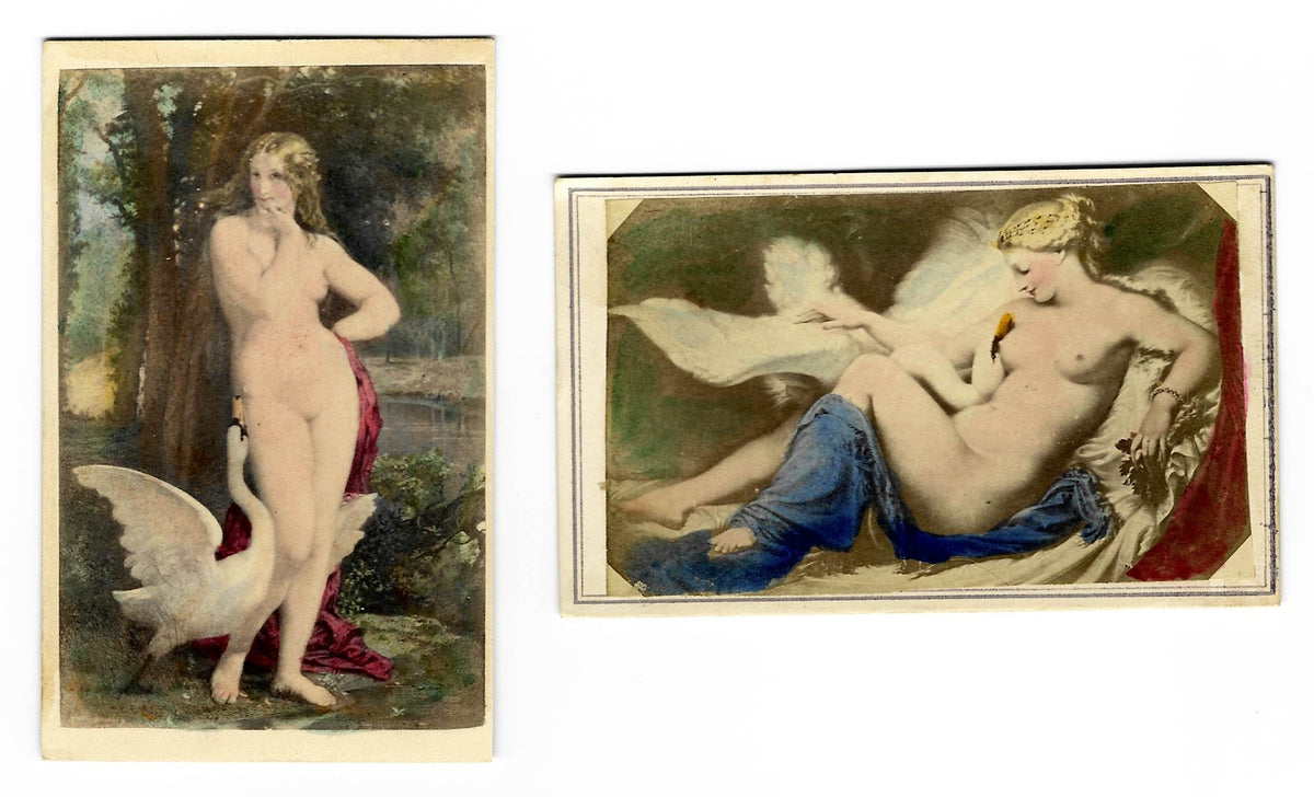 Pair of Antique Hand-Colored Illustrated Carte de Visite C.D.V. Filler Cards Depicting Leda and the Swan, After Paintings by Paul Baudry and Nicolas-Auguste Galimard
