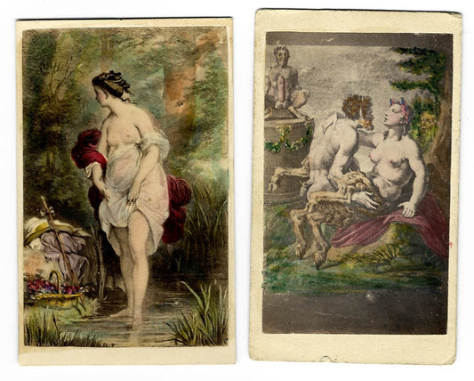 Pair of Antique Hand-Colored Illustrated Carte de Visite C.D.V. Filler Cards including "L'Ingenue" after Charles Chaplin and a Mythological Satyr and Nymph Scene