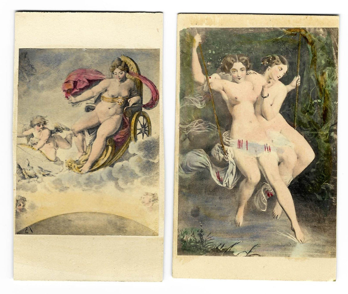 Pair of Antique Hand-Colored Illustrated Carte de Visite C.D.V. Filler Cards Depicting Classical Nude Mythological Scenes including Aurora in Her Chariot with Putti and Two Nudes on a Swing
