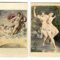 Lot 018 - Pair of Antique Hand-Colored Illustrated Carte De Visite C.D.V. Filler Cards Depicting Classical Nude Mythological Scenes Including Aurora in Her Chariot with Putti and Two Nudes on a Swing