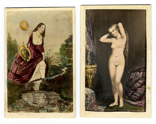 Pair of Antique Hand-Colored Illustrated Carte de Visite C.D.V. Filler Cards, Woman with Tambourine at Waterside and Standing Nude Woman with Drapery