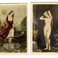 Lot 019 - Pair of Antique Hand-Colored Illustrated Carte De Visite C.D.V. Filler Cards, Woman with Tambourine at Waterside and Standing Nude Woman with Drapery