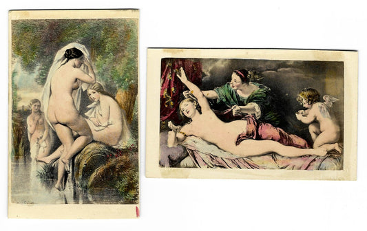 Pair of Antique Hand-Colored Illustrated Carte de Visite C.D.V. Filler Cards Depicting Classical Nude Subjects including Danae After Anthony van Dyck and Bathers at a Stream After Joseph Felon