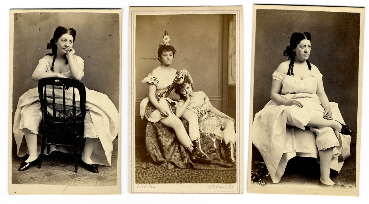 Trio of Antique Carte de Visite C.D.V. Risque Photographs of Women in Undergarments including Two Seated Poses and a Pair of Costumed Performers, Photographed by London Stereoscopic and Photographic Company, 579 Broadway, New York