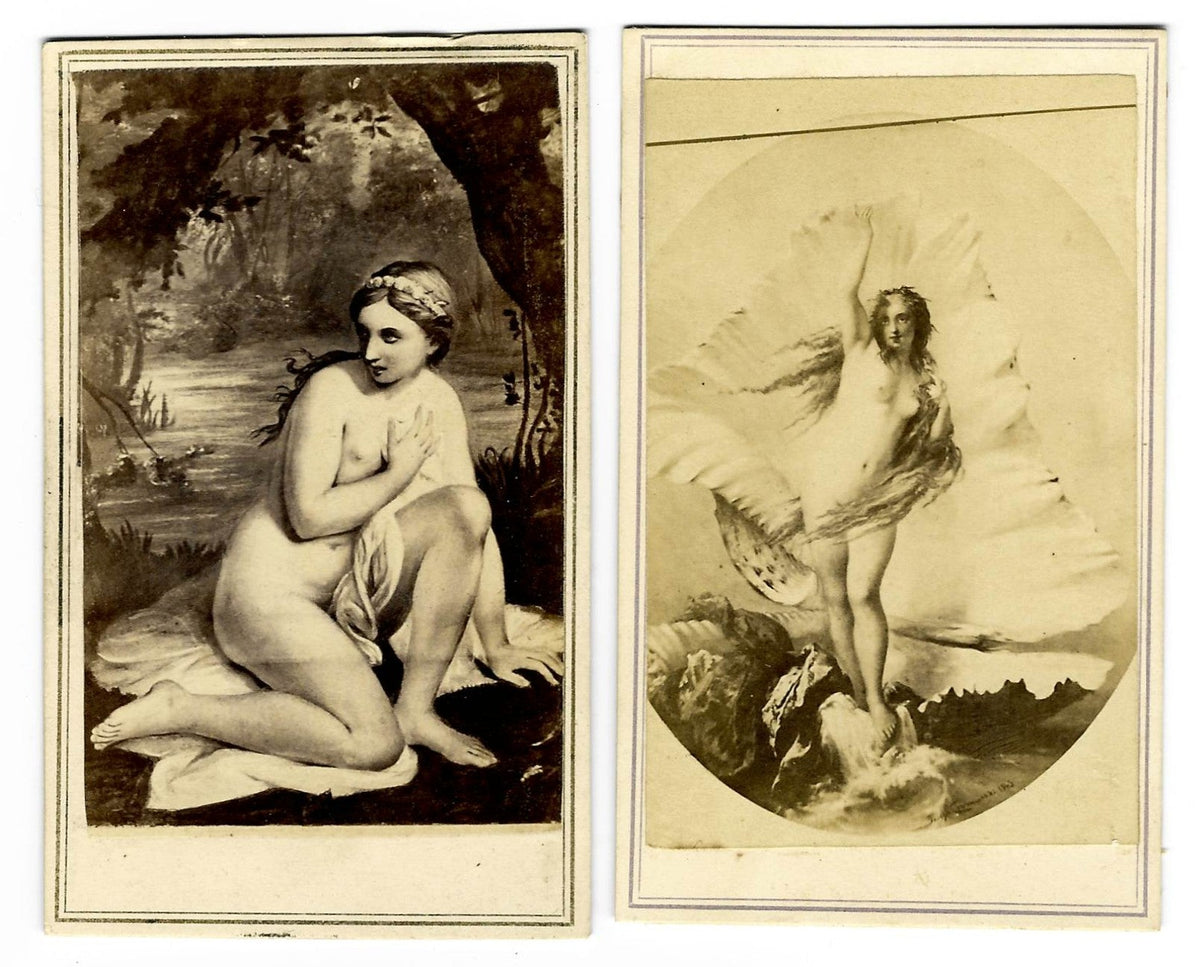 Pair of Antique Illustrated Carte de Visite C.D.V. Filler Cards including "Birth of a Nereid" After Pierre Olivier Joseph Coomans and a Nude Bather in a Woodland Setting