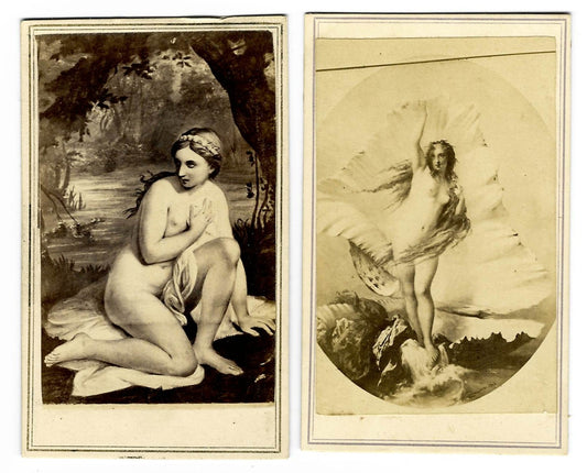 Pair of Antique Illustrated Carte de Visite C.D.V. Filler Cards including "Birth of a Nereid" After Pierre Olivier Joseph Coomans and a Nude Bather in a Woodland Setting