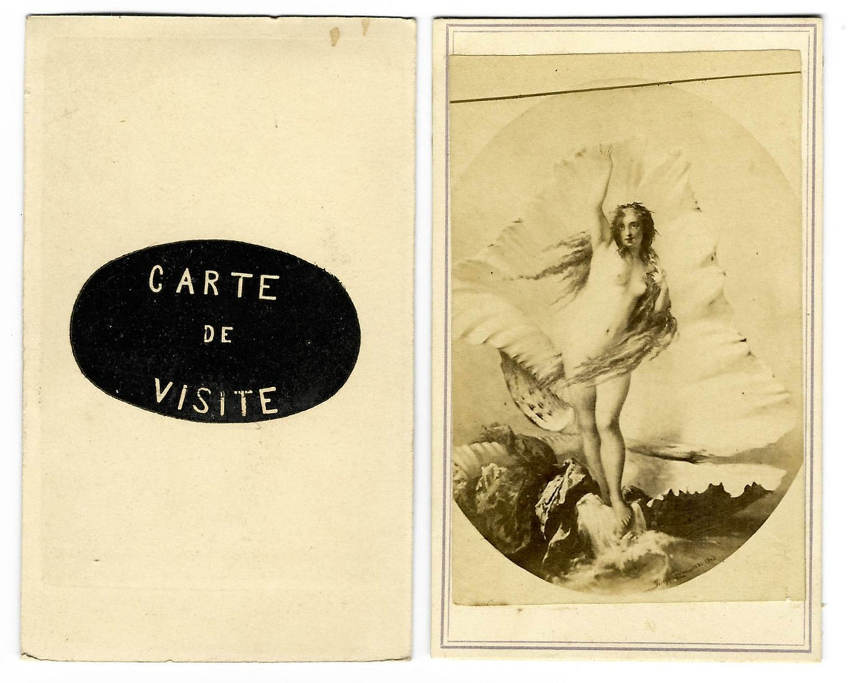 Pair of Antique Illustrated Carte de Visite C.D.V. Filler Cards including "Birth of a Nereid" After Pierre Olivier Joseph Coomans and a Nude Bather in a Woodland Setting