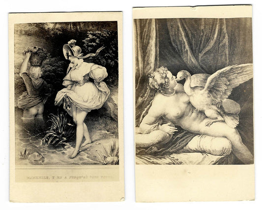 Pair of Antique Illustrated Carte de Visite C.D.V. Filler Cards including "Mam'zelle, Y En A Jusqu'ou Vous Voyez" ("Miss, It Goes Up as Far as You Can See") and Leda and the Swan after Paolo Veronese