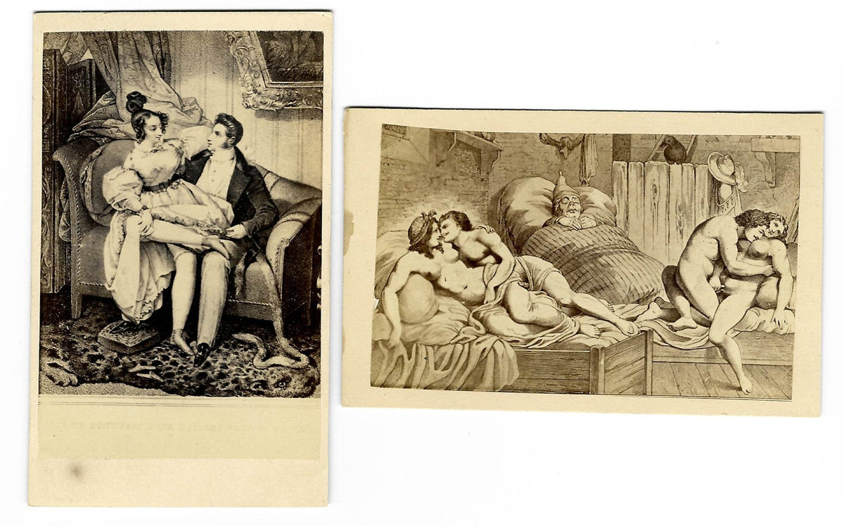 Pair of Antique Illustrated Carte de Visite C.D.V. Filler Cards Depicting Risque and Erotic Scenes