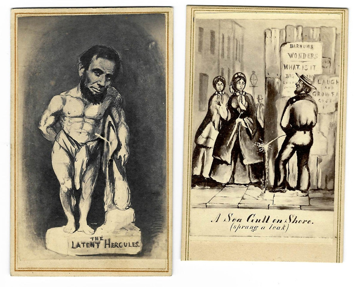 Pair of Antique Illustrated Carte de Visite C.D.V. Filler Cards including "The Latent Hercules" Abraham Lincoln Caricature and "A Sea Gull on Shore (Sprung a Leak)" Comic Street Scene with Barnum's Wonders Posters