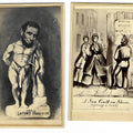 Lot 025 - Pair of Antique Illustrated Carte De Visite C.D.V. Filler Cards Including "The Latent Hercules" Abraham Lincoln Caricature and "A Sea Gull on Shore (Sprung a Leak)" Comic Street Scene with Barnum's Wonders Posters